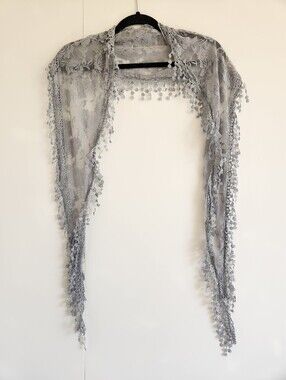 Gray Floral Lace Crochet Fringe Shawl Wrap Boho Romantic Evening Cover Up